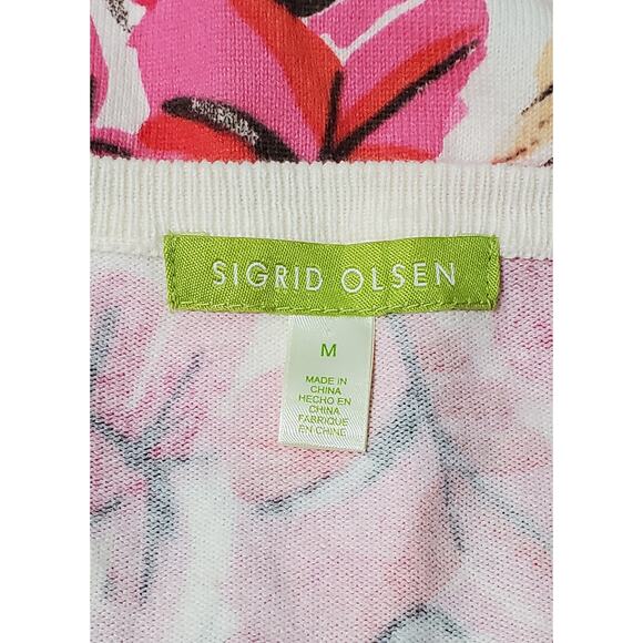 Sigrid Olsen Women's Sweater M Floral Pink White Satin Buttons Front and Cuff - Picture 3 of 9